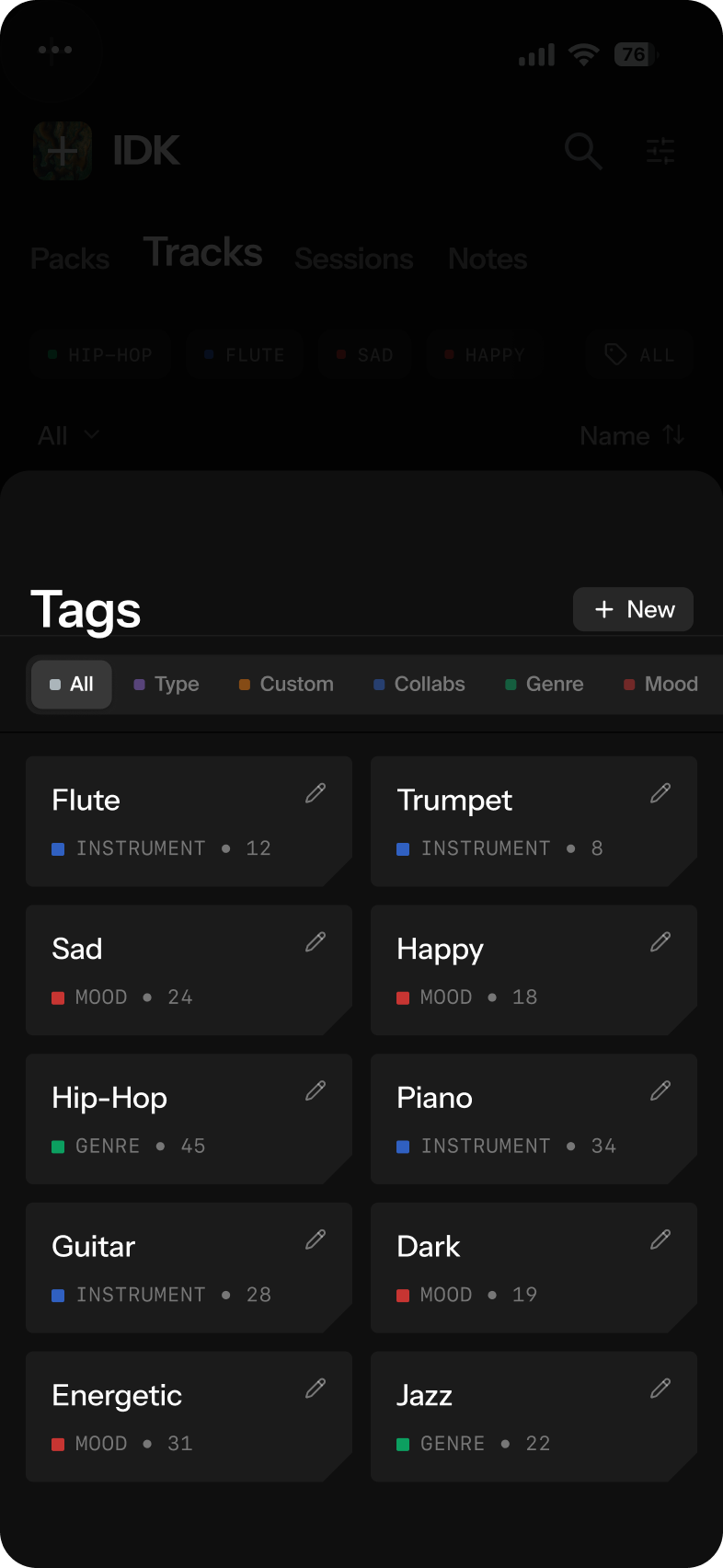 Offtop mobile app tags view for organizing beats by genre, mood, and instrument